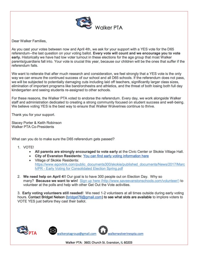 PTA d65 referendum vote request for families