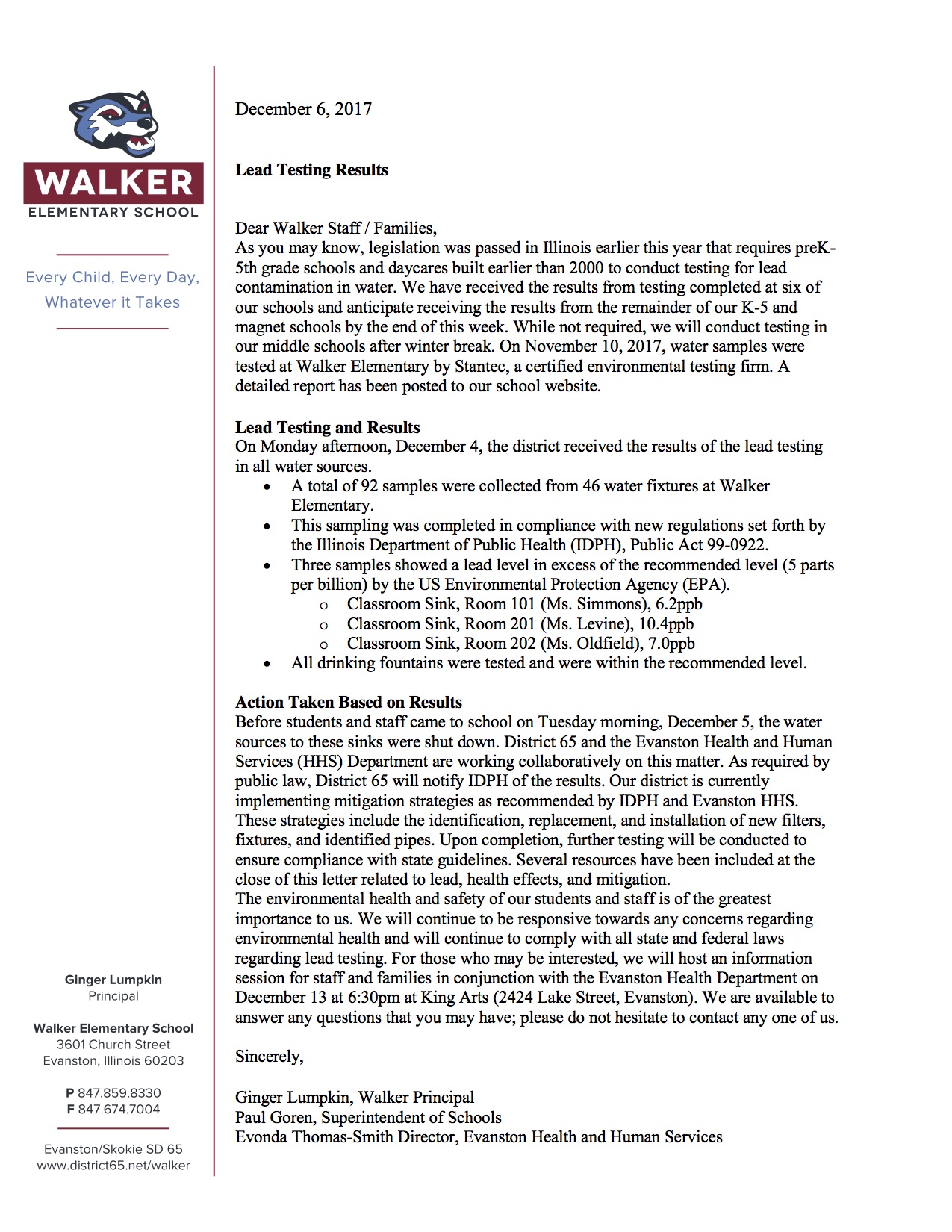 Walker Letter Water testing