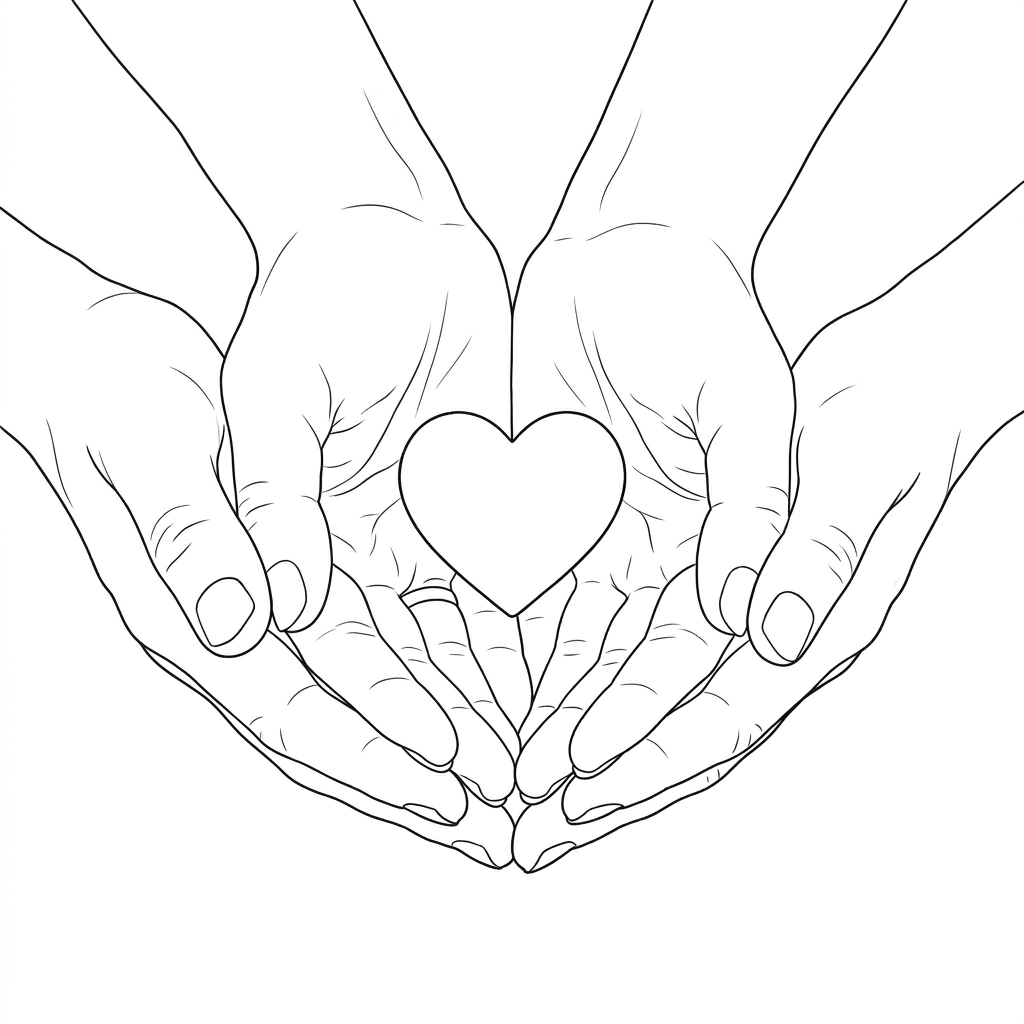 Two pairs of hands cupped together holding a glowing red heart symbol