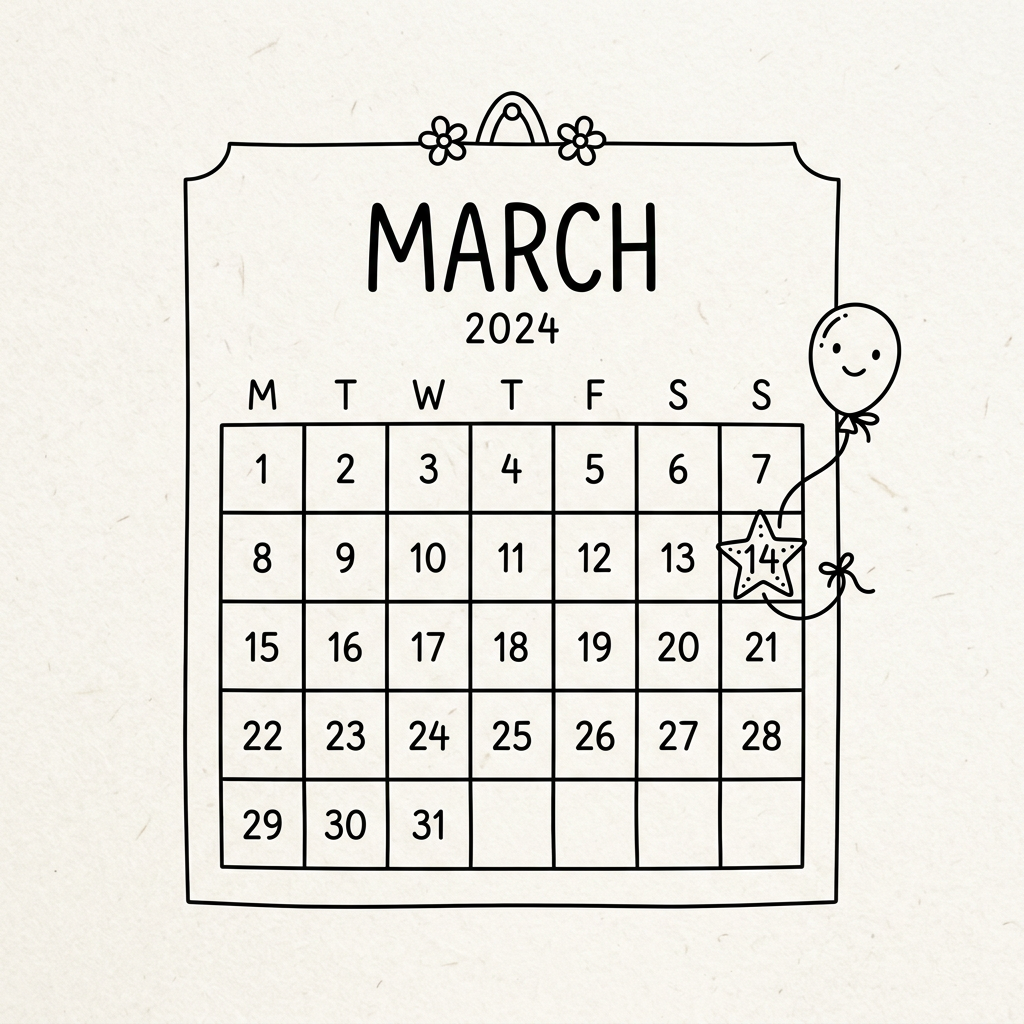Calendar for March 2024 with the 14th marked by a star and smiling balloon