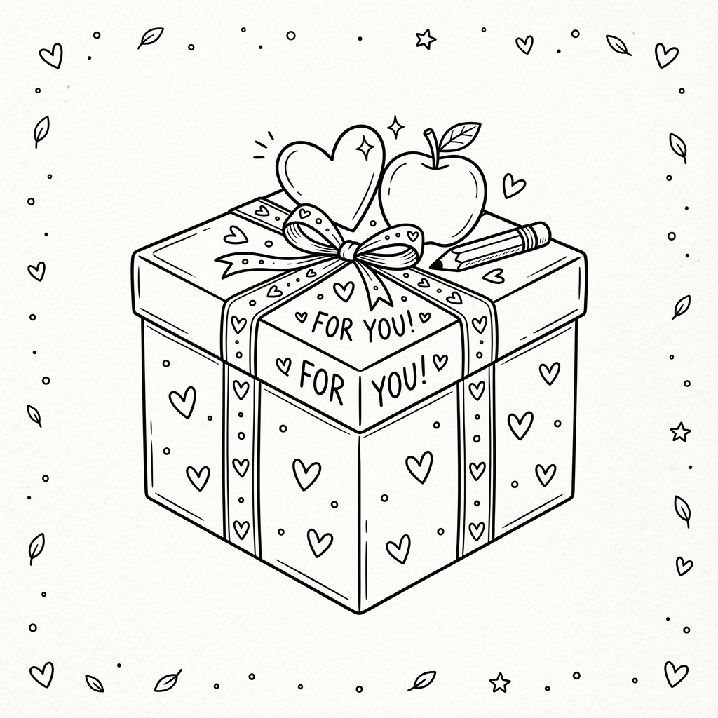 Gift box decorated with hearts, a ribbon saying 'FOR YOU!', a heart shape, an apple, and a pencil